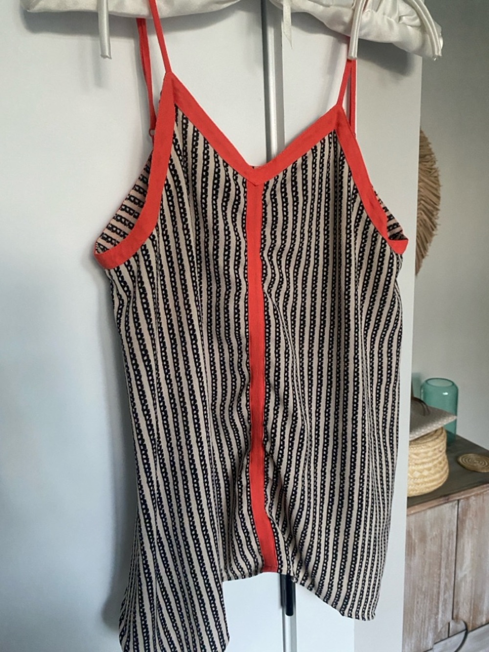 Anthropologie THML Striped Black & Cream Boho Camisole with Coral Trim